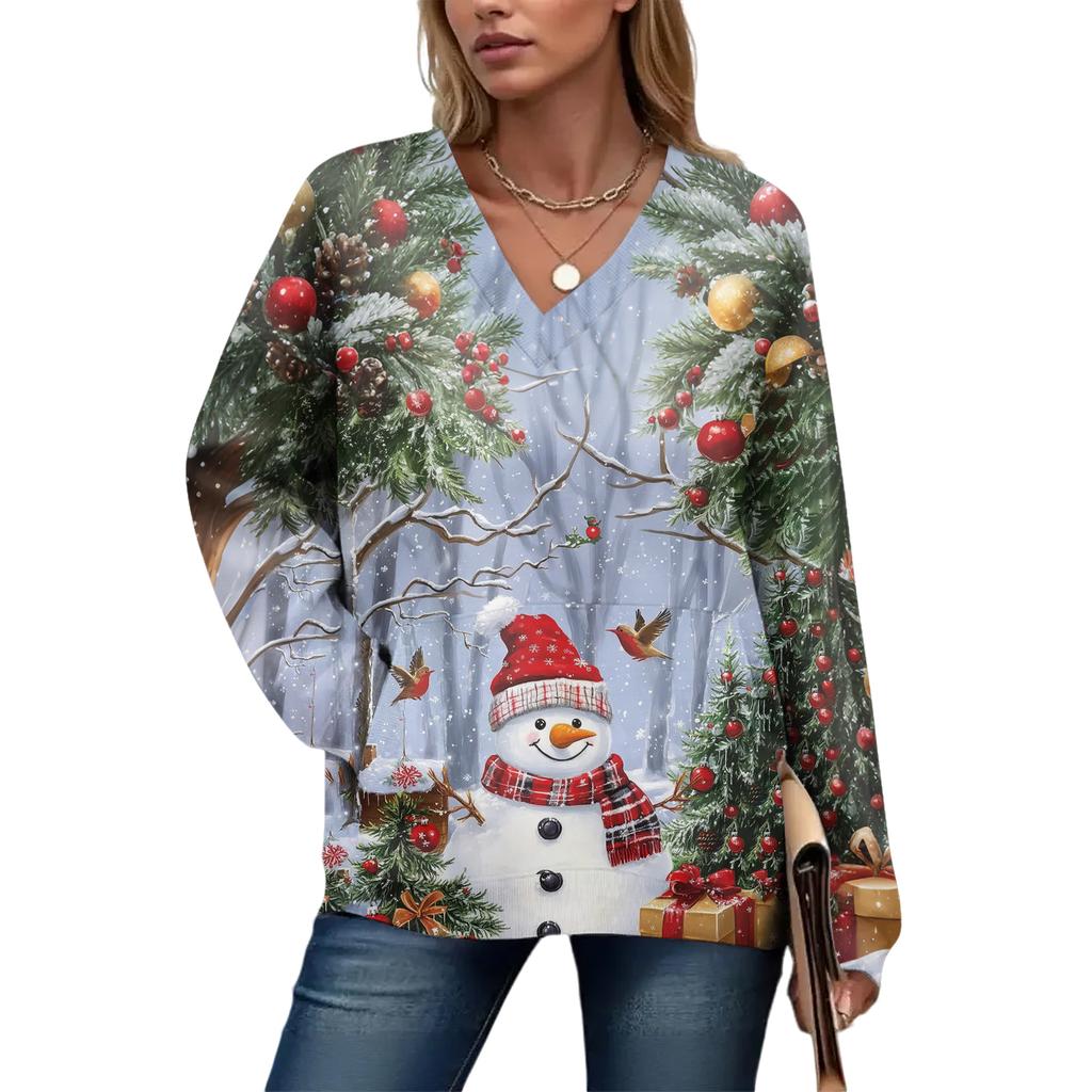 Women's Casual And Fashionable Christmas Print Long-Sleeved Top