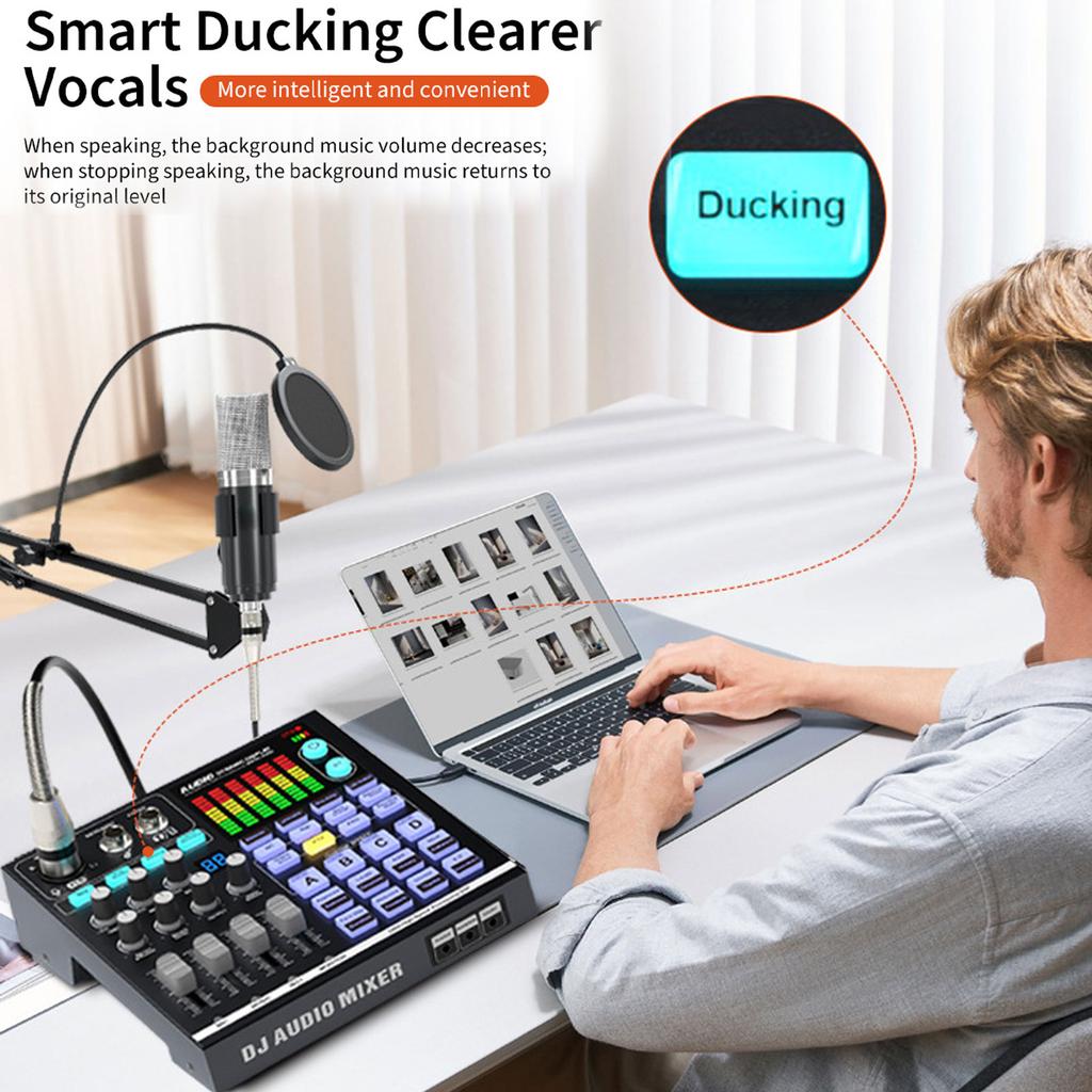 48V Podcast Sound Board   DJ Mixer External Music Sound Card Gaming   Mixer for Live Streaming Studio