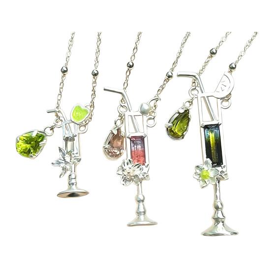 Women Necklace Cocktail Glass Shape Charm Necklace with Olivine Inlay Adjustable Length Weddings Parties