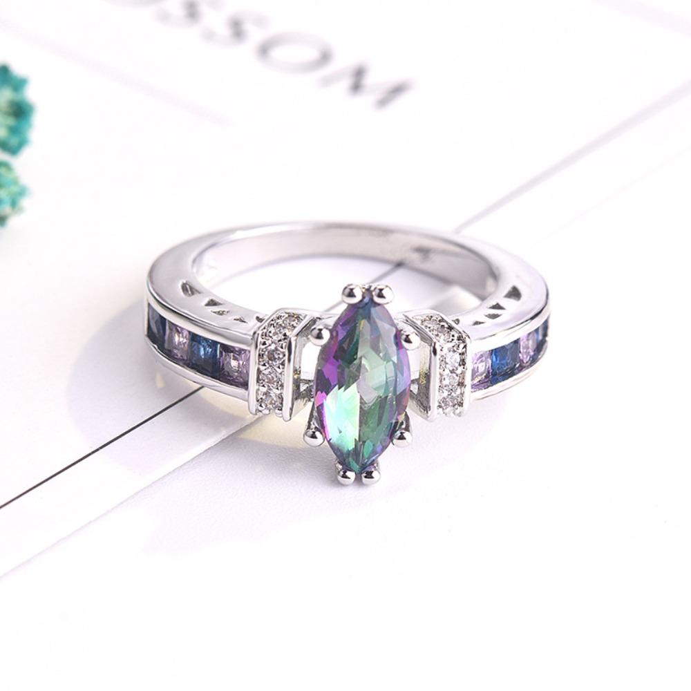 Women Marquise Amethyst Ring Rainbow 3A Zircon White Gold Silver Plated Elegant Ring
