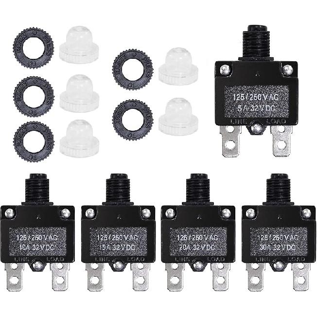 5PCS 5,10,15,20,30Amp Circuit Breakers With Manual Reset 32VDC,AC125-250V With Quick Connect Terminals