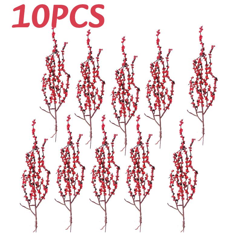 10PC Christmas Artificial Berries Branches Decor Xmas Red Berry Flowers Bouquet DIY Holiday Wreath Craft Home Party Ornament
