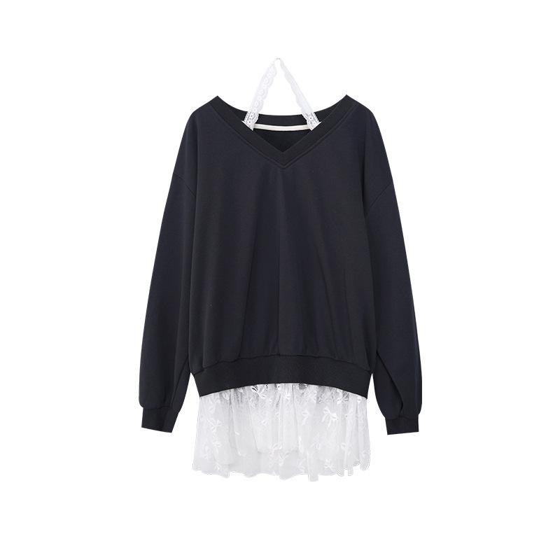 

Свободная толстовка из двух частей с французским кружевом и V-образным вырезом 2025 года (С3139) One Size чёрный