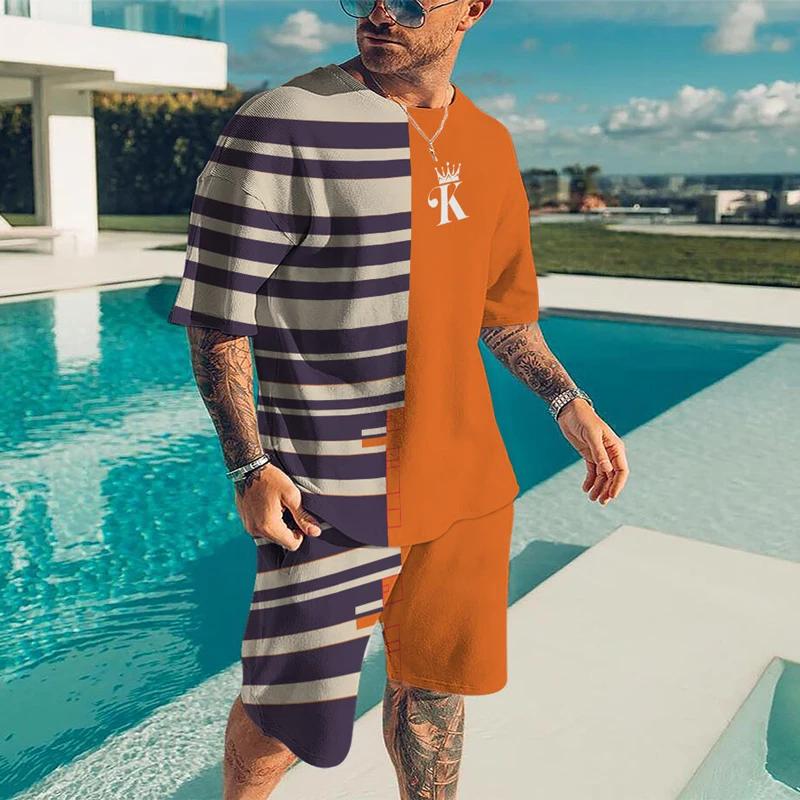 Summer Men's 3D Printed Striped Sports Suit Fashion Versatile Trend Casual Breathable