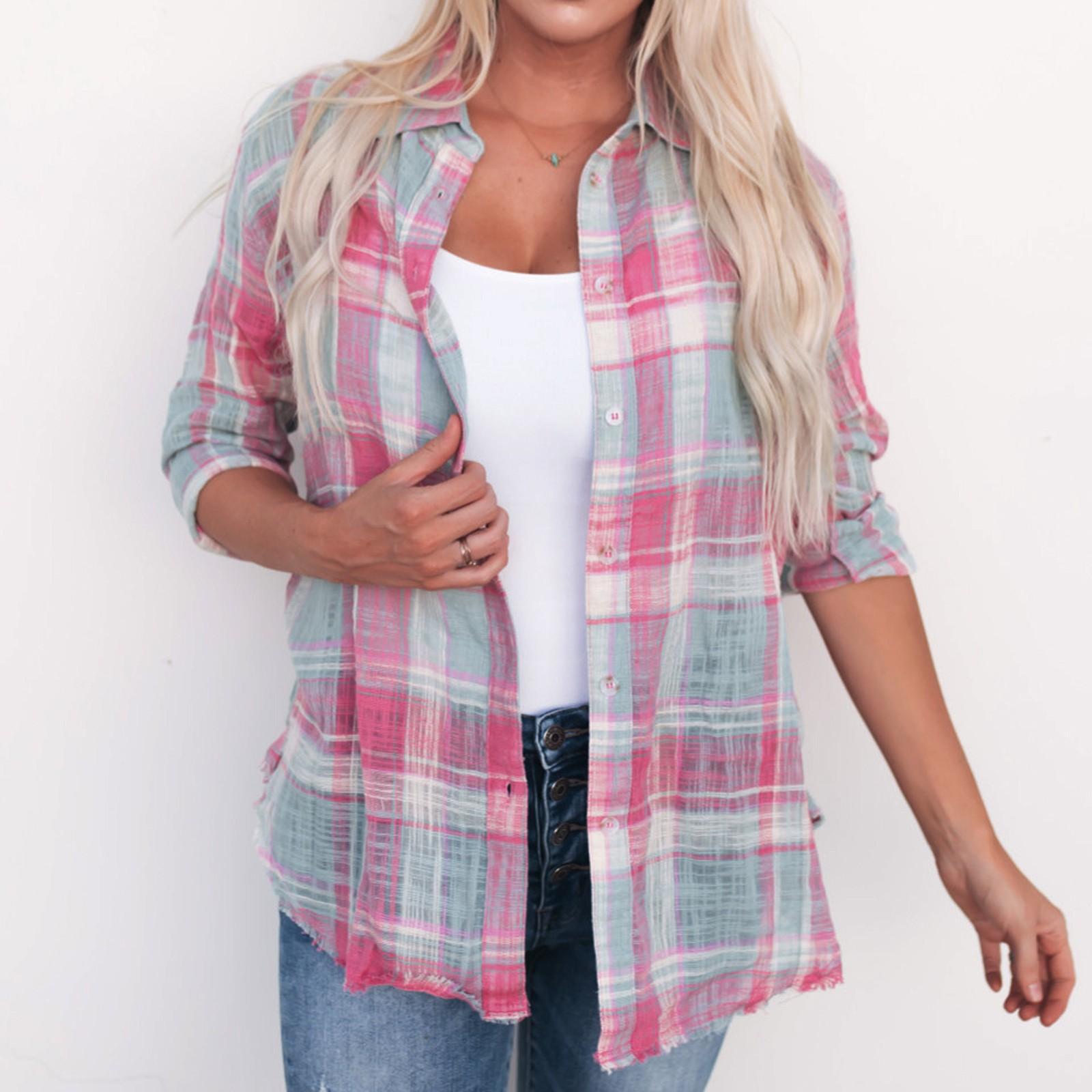 

Ramidos Женская мода Повседневная Однобортная Свободная Пэчворк Цвет Клетчатая Рубашка С длинным рукавом Пальто