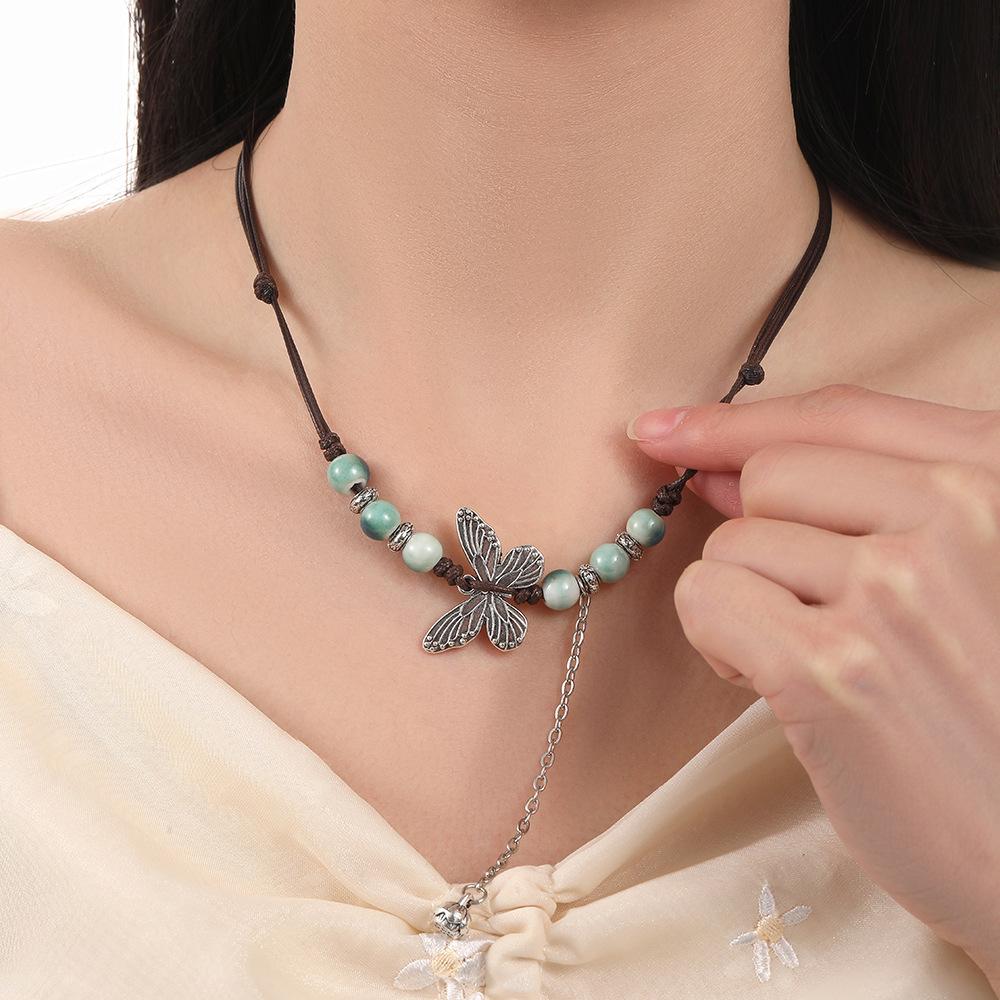 Ethnic style ceramic sweater chain women's pendant literary Chinese style butterfly accessories necklace women's wholesale exquisite pendant