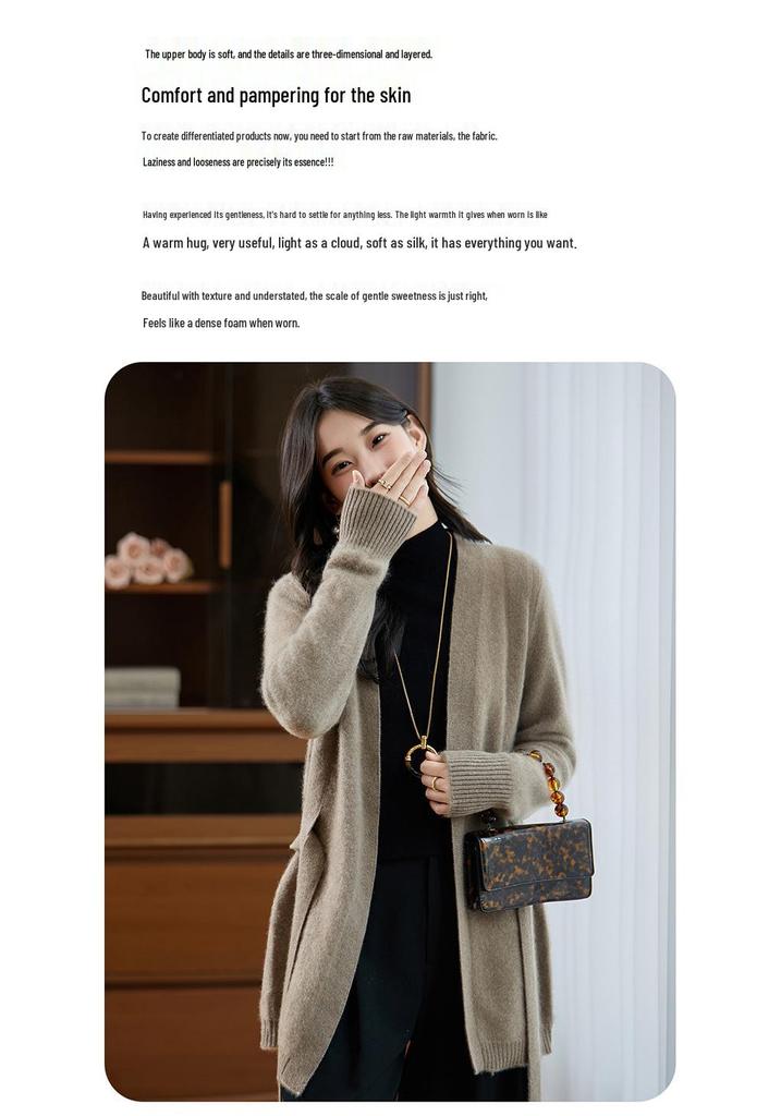 New Women's Versatile Pure Wool Cardigan - Loose, Long Sleeve, No Buttons, With Pockets, Trendy Outerwear Sweater Coat.