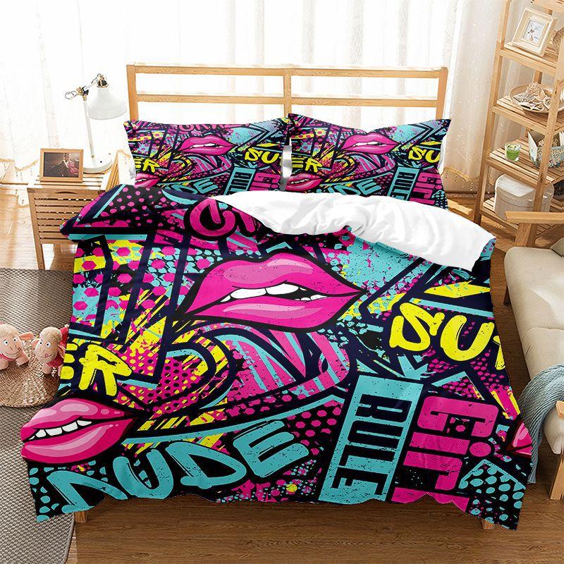 Graffiti Duvet Cover Set Cute Hip Hop Style Polyester Comforter Cover With Pillowcase Queen Full Size For Kid Teen Bedding Set