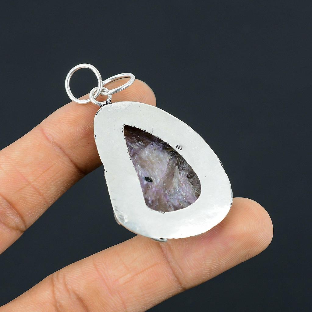 925 Silver Charoite Gemstone Bezel Birthday Sister Engagement Wedding Pendant