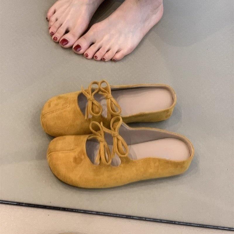 

Gentle fairy bag head half slippers sweet suede bow round head thick bottom wear sandals 35 чорний