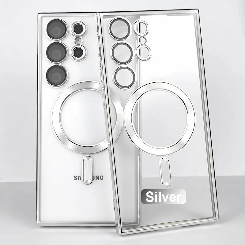 Original Wireless Magnet Plating Cover For Magsafe Case For Samsung Galaxy S24 Ultra S21 S23 Fe S22 Plus Full Camera Protection Case