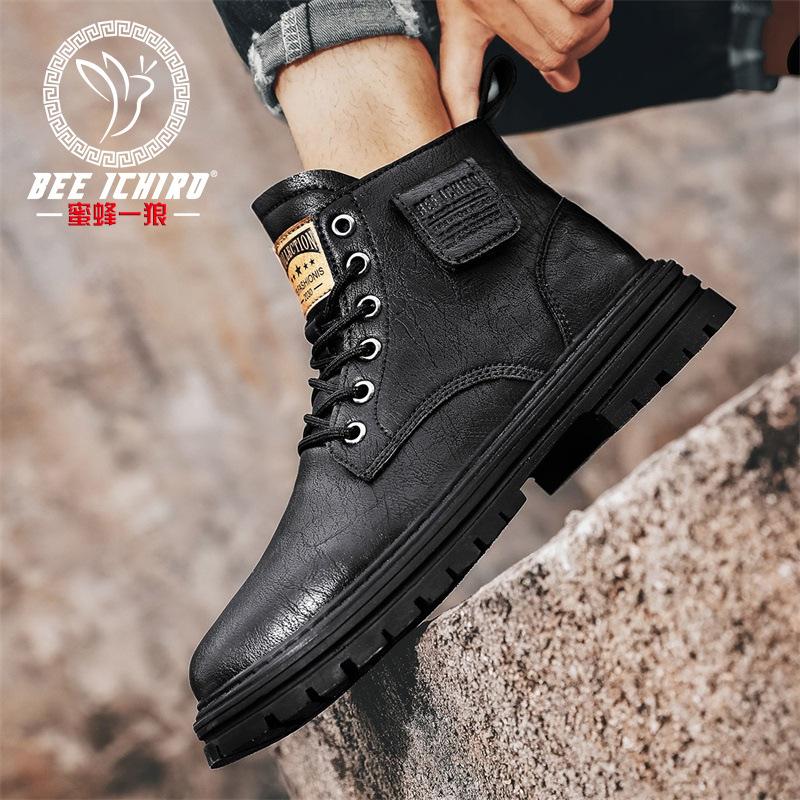 Spring velvet high-top leather boots casual fashion Martin boots retro tooling men's shoes
