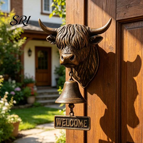 Backyard Gate Bell Highland Cow Head Doorbell with Welcome Sign Rustic Wall Mounted Vintage Style Resin Hanging Decor for Farmhouse Porch Entryway