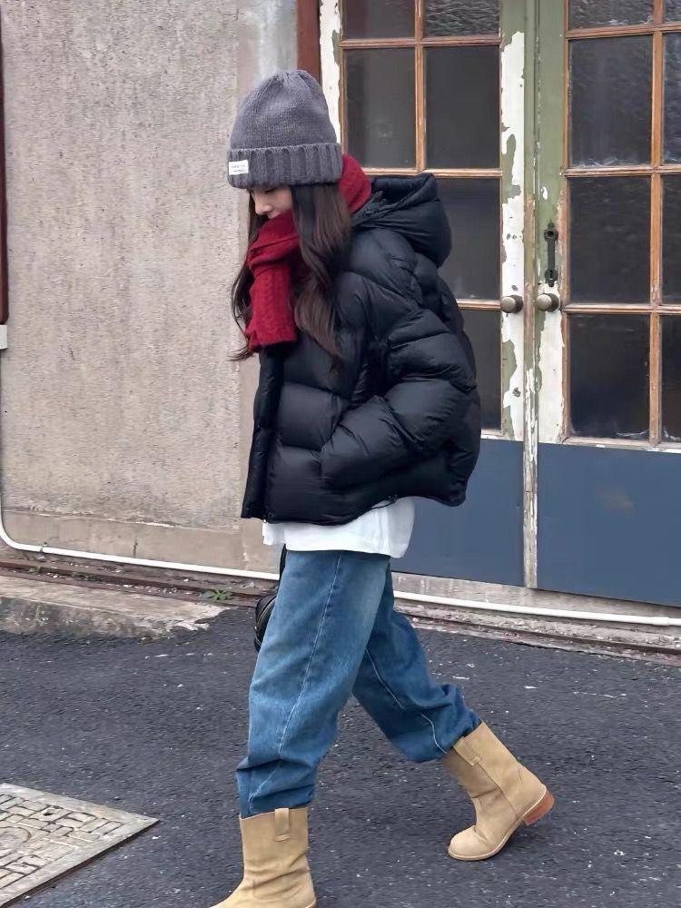 Green Warm Thickened Short Puffer Jacket with Adjustable Hem
