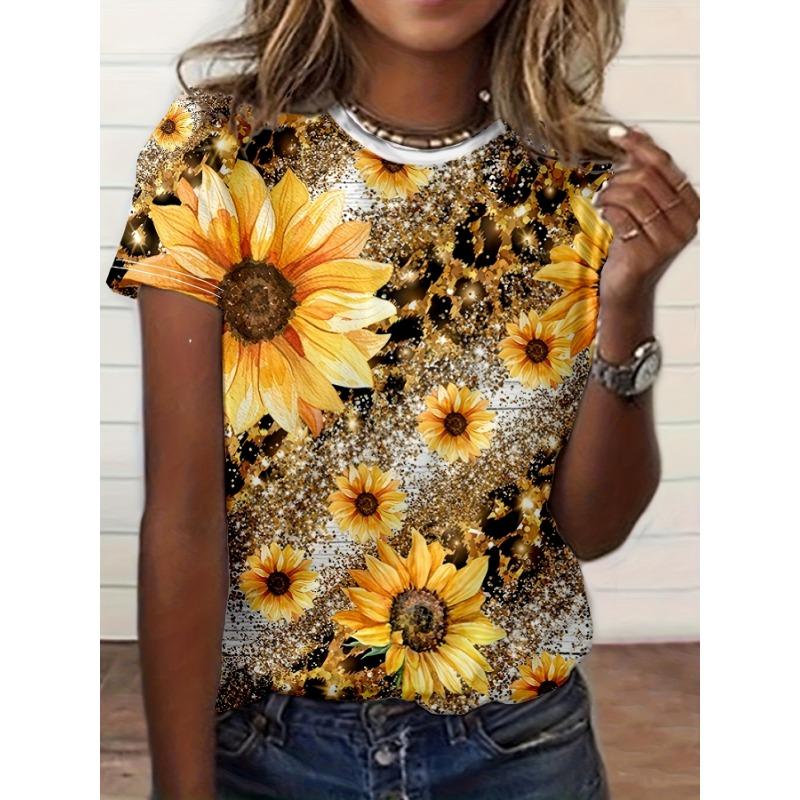 Women's Fashion T Shirt Oil Floral Pattern Fashion Short Sleeve Round Neck Short Sleeve T Shirt Top Casual Short Sleeve T Shirt