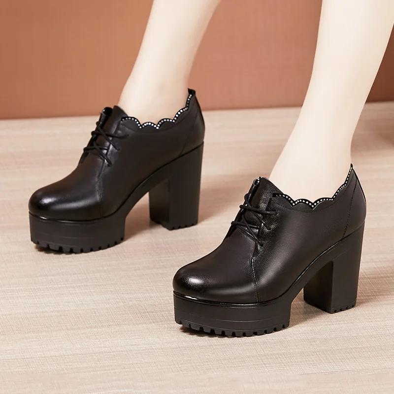 6cm 8cm 10cm Small Size 32-43 Deep Mouth Soft Leather Shoes Women Platform Pumps 2025 Fall Block High Heels Shoes Office Model