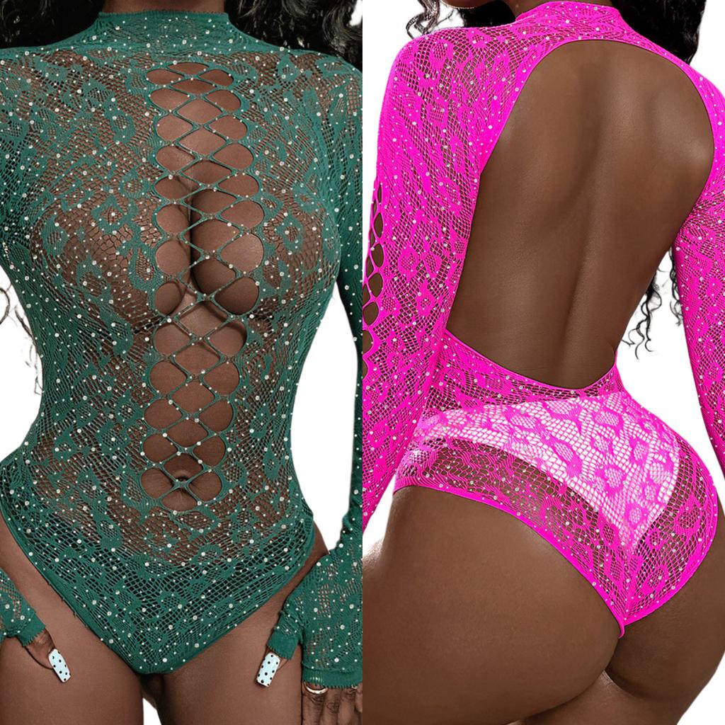 New Arrivals Women'S Sex Rhinestone Studded Colored Fishnet Teddy Bodysuit Sparkling Rhinestone Cut-Out Designs Form-Fitting