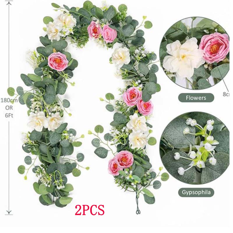 Artificial Eucalyptus Flower Garland with White and Blue Roses,Fake Rose Flower Greenery Garland Floral Vines for Wedding