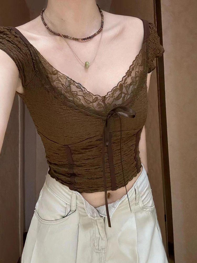Pure desire short temperament lace V-neck top front shoulder short-sleeved T-shirt women's summer slim and thin Spice girl lace-up top