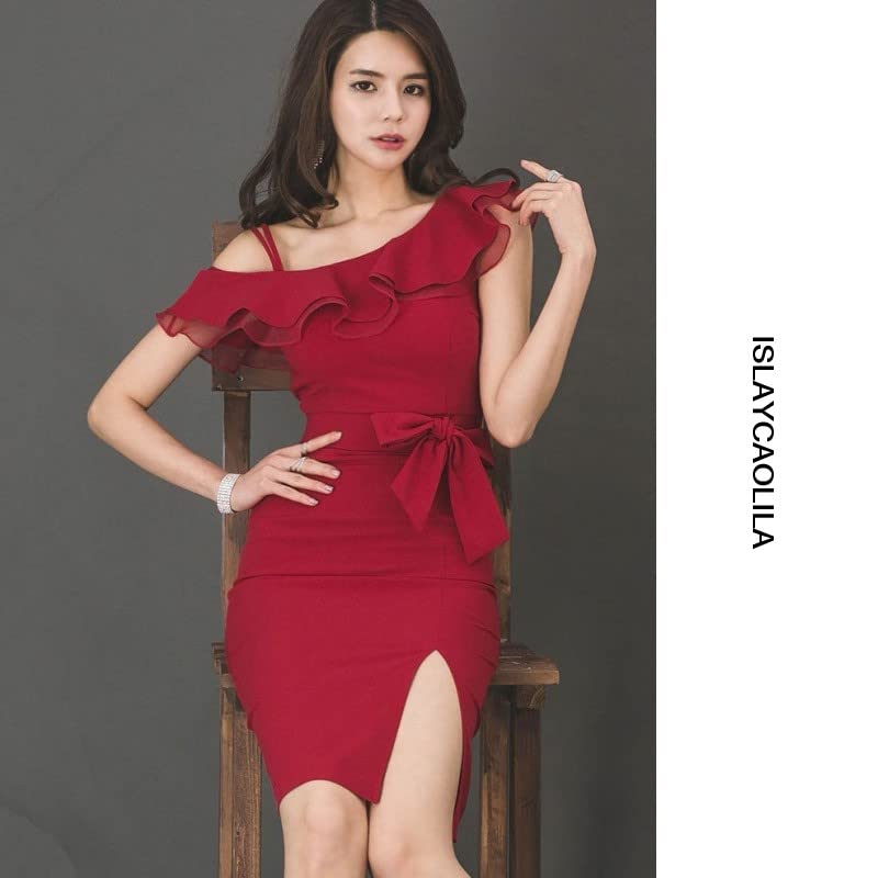 ISLAYCAOLILA Cabaret Mini Club Party Tight Midi C44 Silvia Dress, Dress, Dress, Dress, Dress, Ruffle, One-Shoulder Strap, Sleeveless, Ribbon,