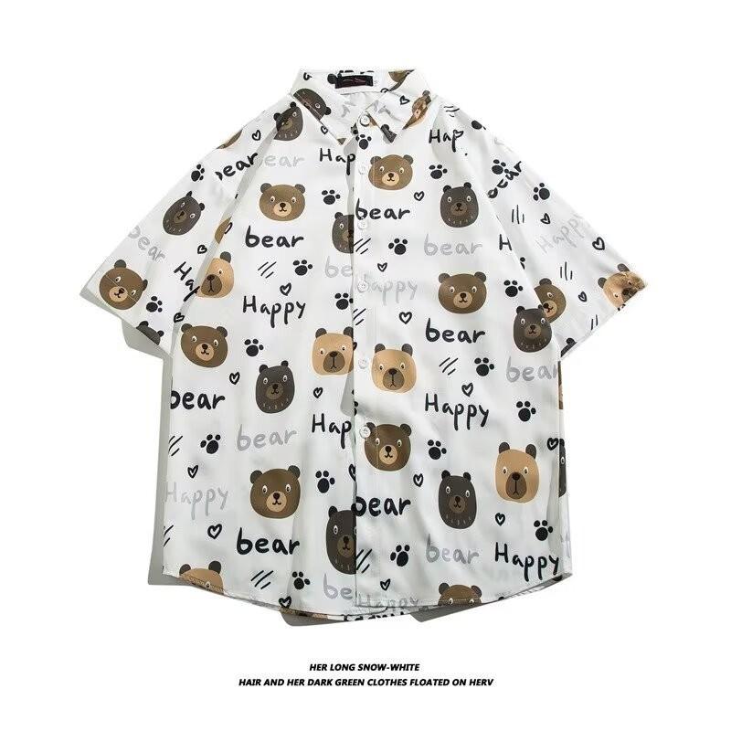 

Летняя мужская мода в корейском стиле с коротким рукавом, гавайская рубашка с рисунком плюшевого мишки, повседневные рубашки с цветочным принтом, винтажная одежда