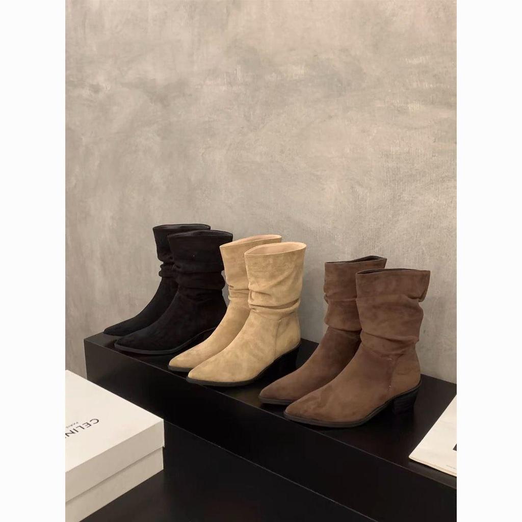 Khaki Suede Pointed Toe Slimming French Ankle Boots for Women - Spring Autumn 2025