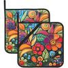 Colorful Boho Florals Pot Holders Set of 2 Kitchen Decorative Heat Resistant Potholder Cotton Lining Oven Hot Pads for Cooking Baking Microwave Oven