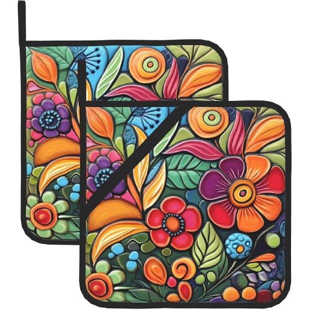 Colorful Boho Florals Pot Holders Set of 2 Kitchen Decorative Heat Resistant Potholder Cotton Lining Oven Hot Pads for Cooking Baking Microwave Oven