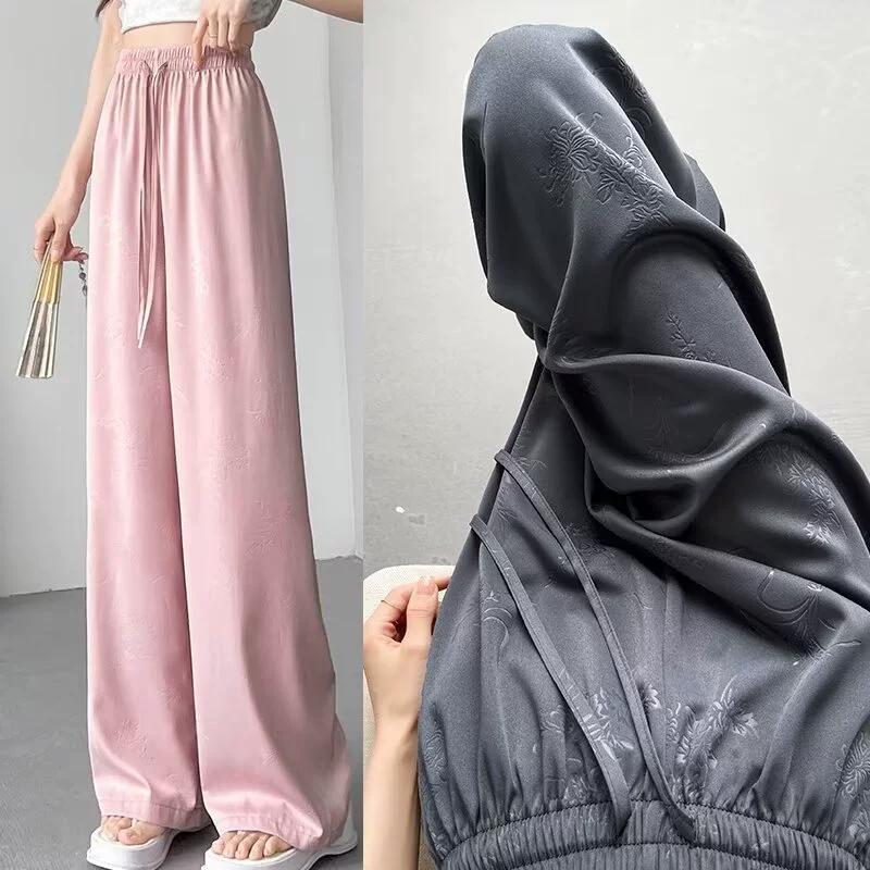 Women Elegant Summer Satin Chinese Style Straight Pants Streetwear Vintage Wide Leg Pants Casual Loose High Waist Trousers