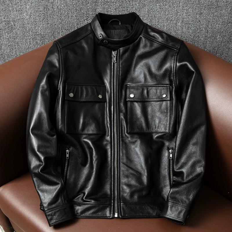 Genuine Leather Jacket Men European Style Stand Collar Biker Coat Casual Large Size