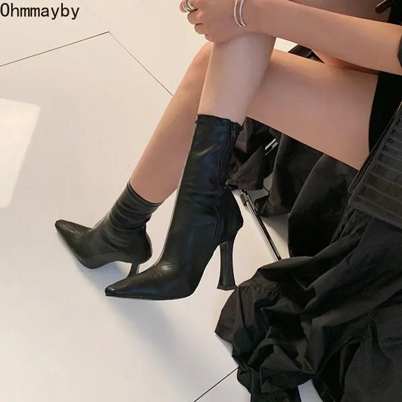 Black Women Ankle Boots Woman Thin High Heel Fashion Pointed Toe Zipper Winter Women's Shoes Leather White Short Booties
