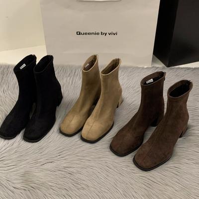 High Heel Square Head Skinny Short Boots Women's Shoes Korean Version Versatile 2025 Autumn and Winter Korean Small Ankle Boots Martin Boots
