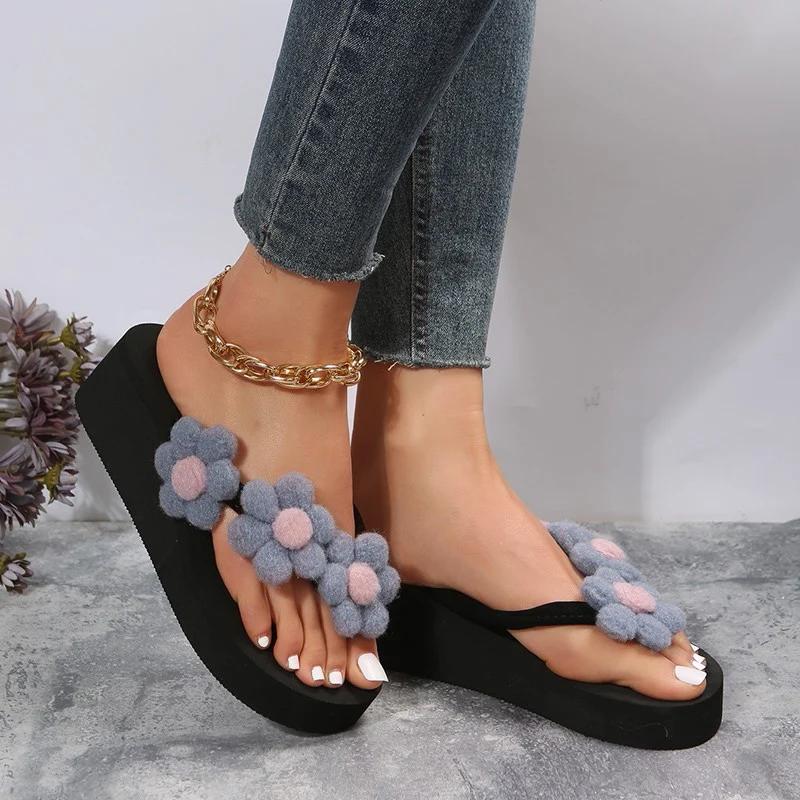 Fashion Women's Stylish Flower Decro Flip Flops Thick Sole Wedges 2025 Summer Slippers Woman Summer Beach Non Slip Platform Sandalias