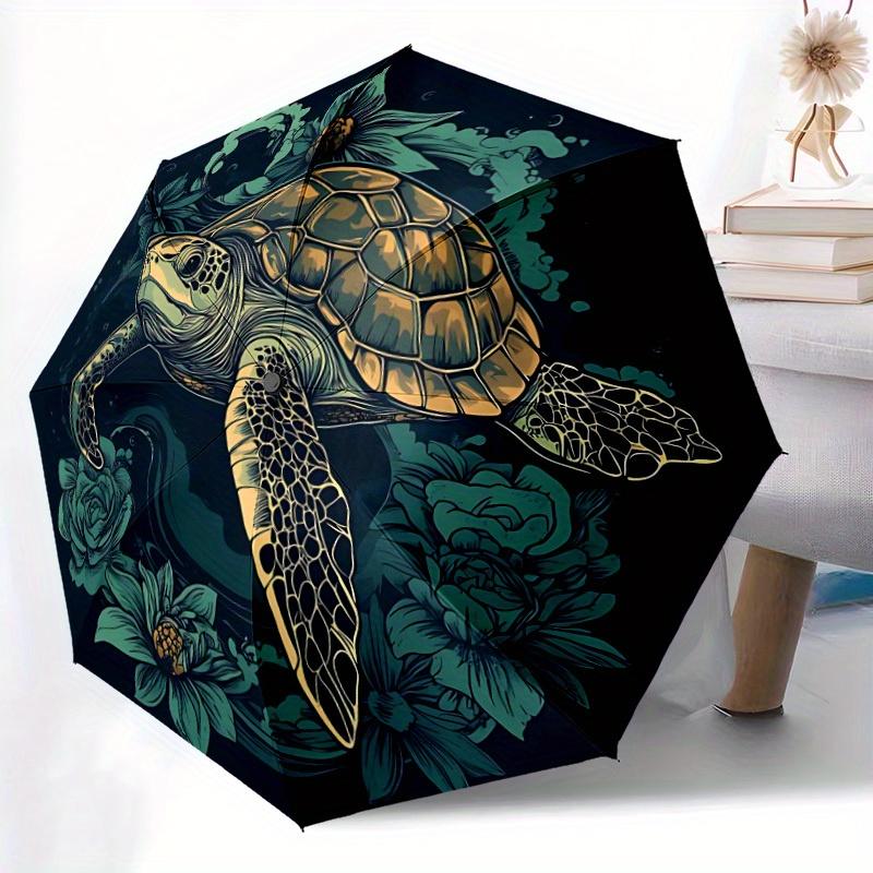 1pc Sea Turtle Flowers Automatic Open 8-Rib Windproof Umbrella, Travel & Commuting, Suitable for All Seasons