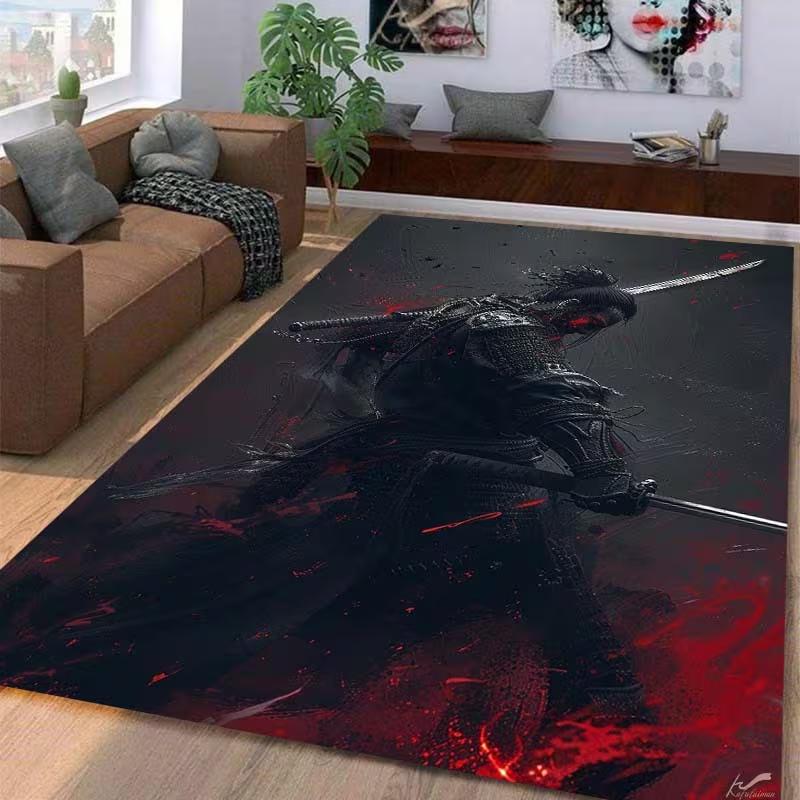 Red Sun Crow and Japanese Samurai Carpet in Ink Painting Mat for Living Room Bedroom Porch Office Coffee Table Home Decorative