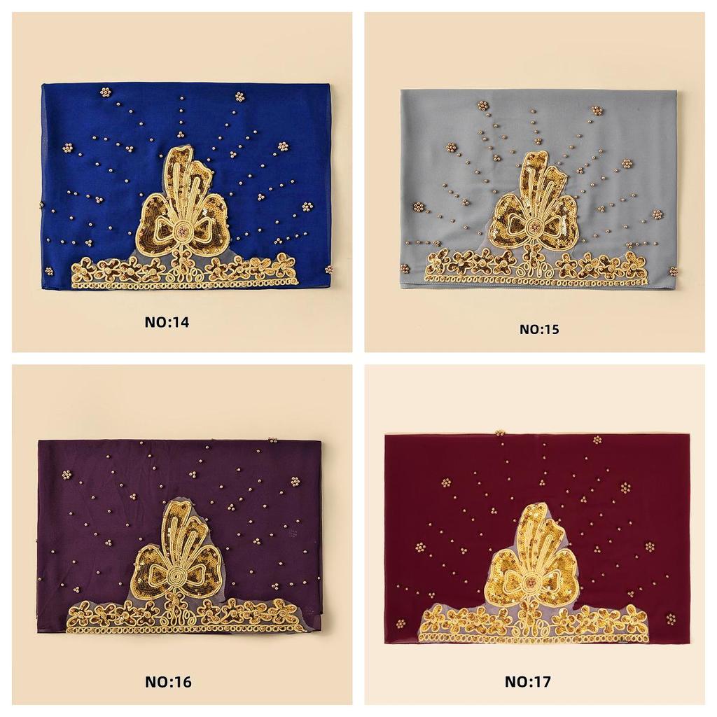Ethnic Style Pearl Beaded Chiffon Headscarf with Rolled Edge