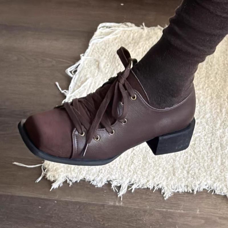 Fashion New Women Heeled Shoes Elegant Square Toe Chunky Loafers Designer 2025 Winter Office Shoes Casual Woman Sneakers Lace Up Zapatos