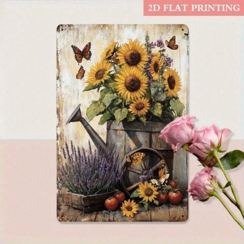 Metal Poster Sunflower Butterfly Wall Art Decor for Living Room Kitchen Garden Cafe