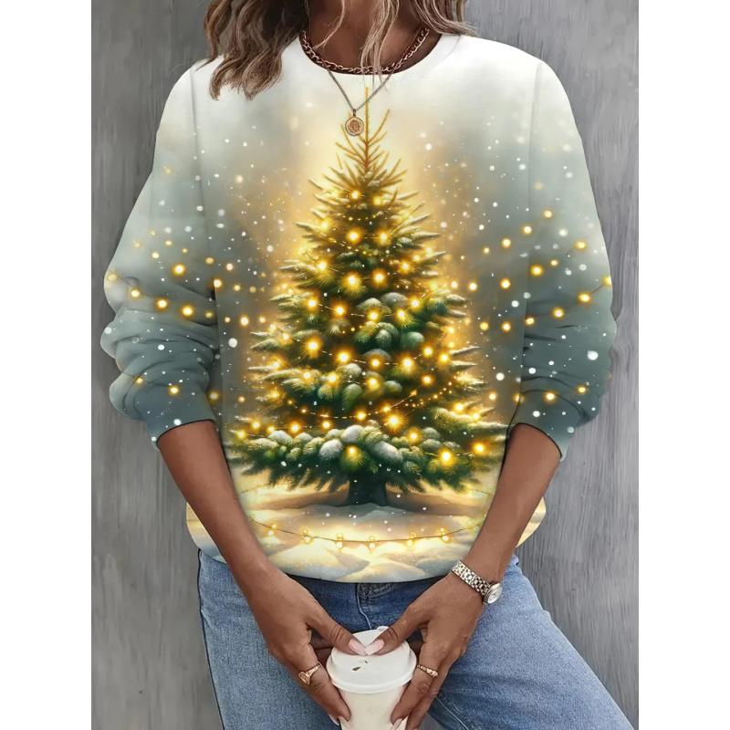 Autumn and Winter New Fashion Valentine's Day Christmas Tree Snowman Christmas Printed Plus Size Women's T-shirt