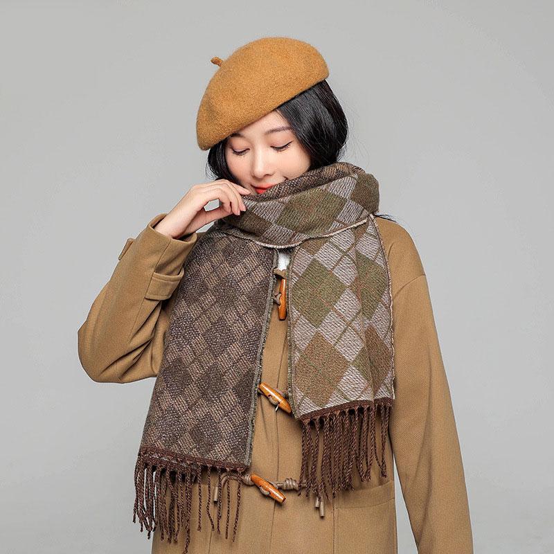 Winter Korean Version of High-end Retro Diamond Pattern Scarves Fashion Women Girls Autumn Faux Cashmere Wamr Shawl Unisex Scarf