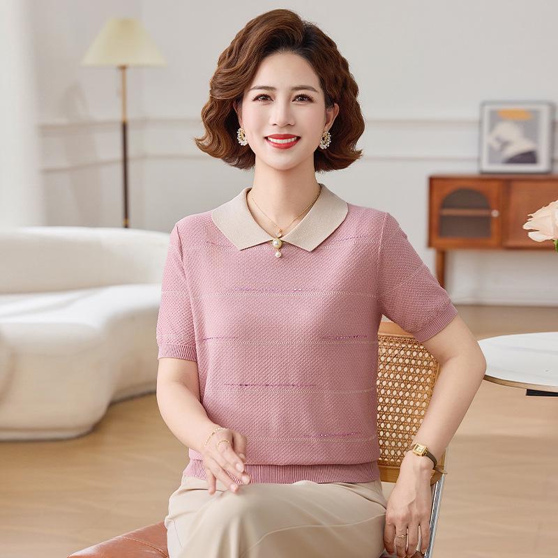 

Elegant Summer Knit Blouse for Mothers - Short Sleeve Doll Collar 3XL (suggested 135-160 kg)
