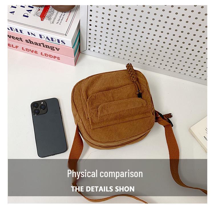 Vintage Corduroy Crossbody Bag for Students: Japanese Style, Versatile, Canvas, Small Phone Holder
