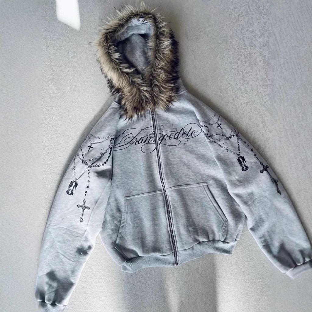 DRIPX Winter Fashion Streetwear Women's Gothic Punk Faux Fur Hooded Jacket with Cross Print Trendy Edgy Zip - Up Sweatshirt New