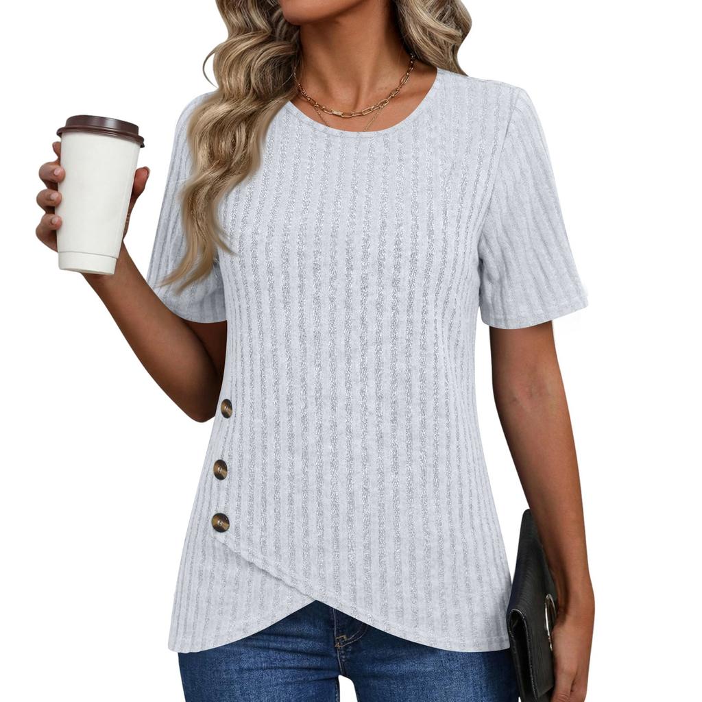 Women Short Sleeve Ribbed Knit Top Button Detail Round Neck Asymmetric Hem Casual Blouse Lightweight Soft Fabric