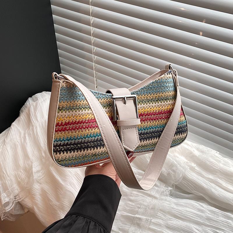 Woven Colored Stripes Splicing Women's Fashion New Contrasting Colors Trend Casual Simple Mori Underarm Shoulder Women's Bag