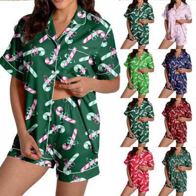 Christmas Ladies Pajamas Short-sleeved Button-down Shirt and Shorts Pajamas Set