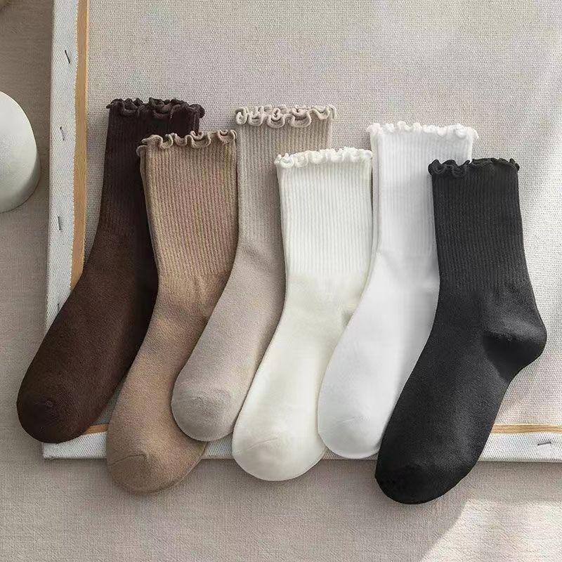 5/6 Pairs Women Anti Slip Lace Round Neck Socks Fashionable Lace Vertical Stripes Soft Comfortable Sweat Absorbing Casual Socks