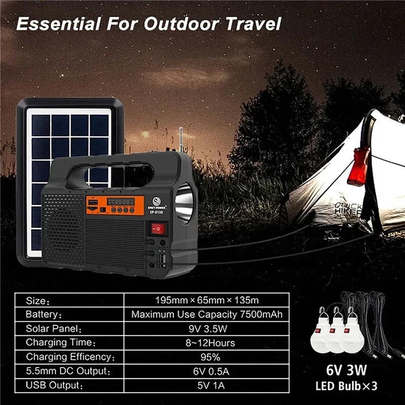 Solar Panel with 3pcs LED Bulb Highlight Power Generator Kit Energy Saving Solars Lighting with FM Radio for Outdoor Camping