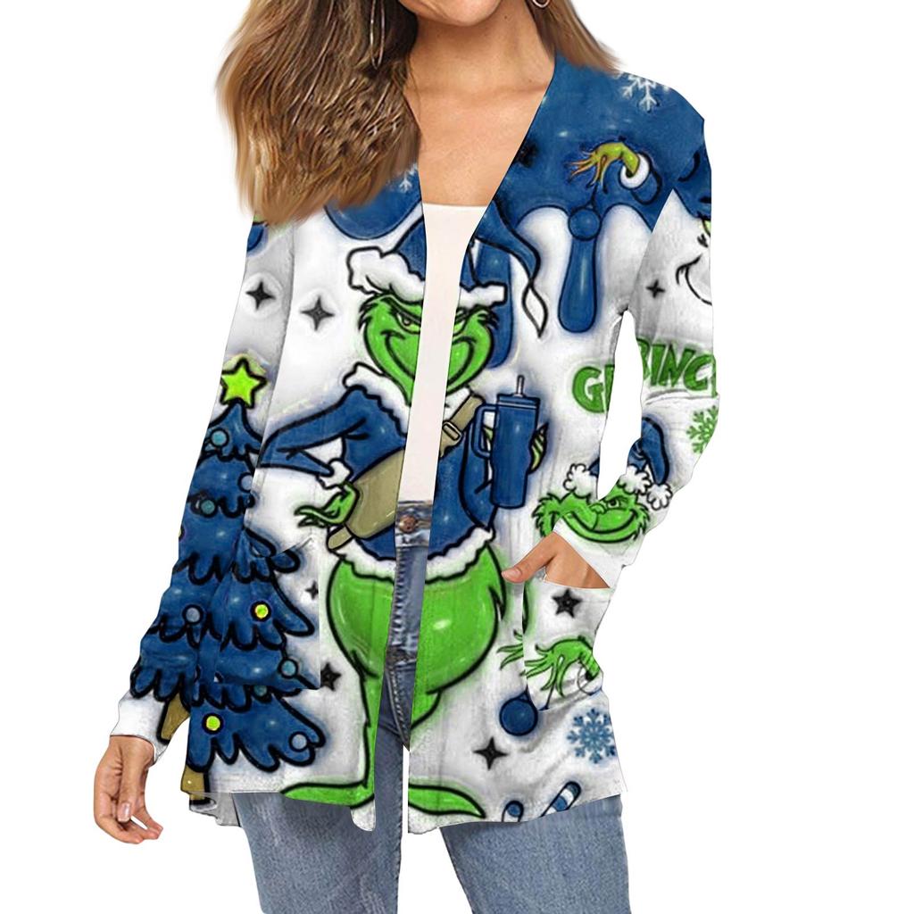 Dámský módní vánoční potisk dlouhý rukáv kapsy slim fit kardigan kabát