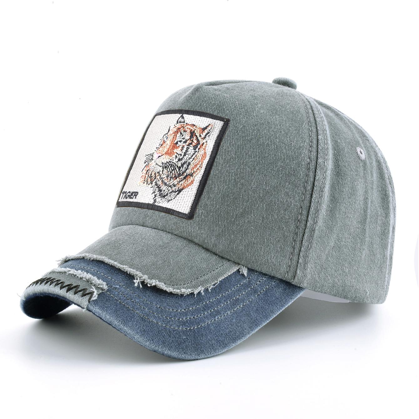 Vintage Denim Baseballpet Met Borduurwerk Tijger Patch Mannen Snapback Hip Hop Papa Petten Vrouwen Vier Seizoenen Verstelbare Klep Pet gray